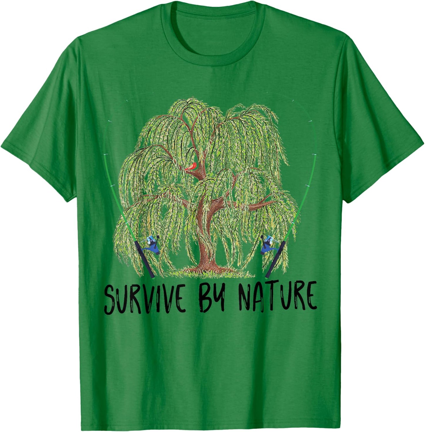 Survive By Nature weeping willow tree with fishing rod T-Shirt - T-Shirt | Irish Green