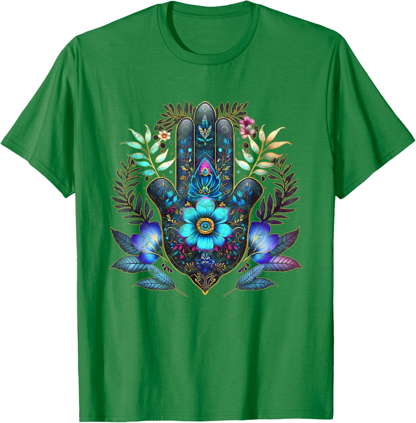 Hamsa, hand, blue, Nazar, flower, eye, charm, vintage, luck T-Shirt - T-Shirt | Irish Green
