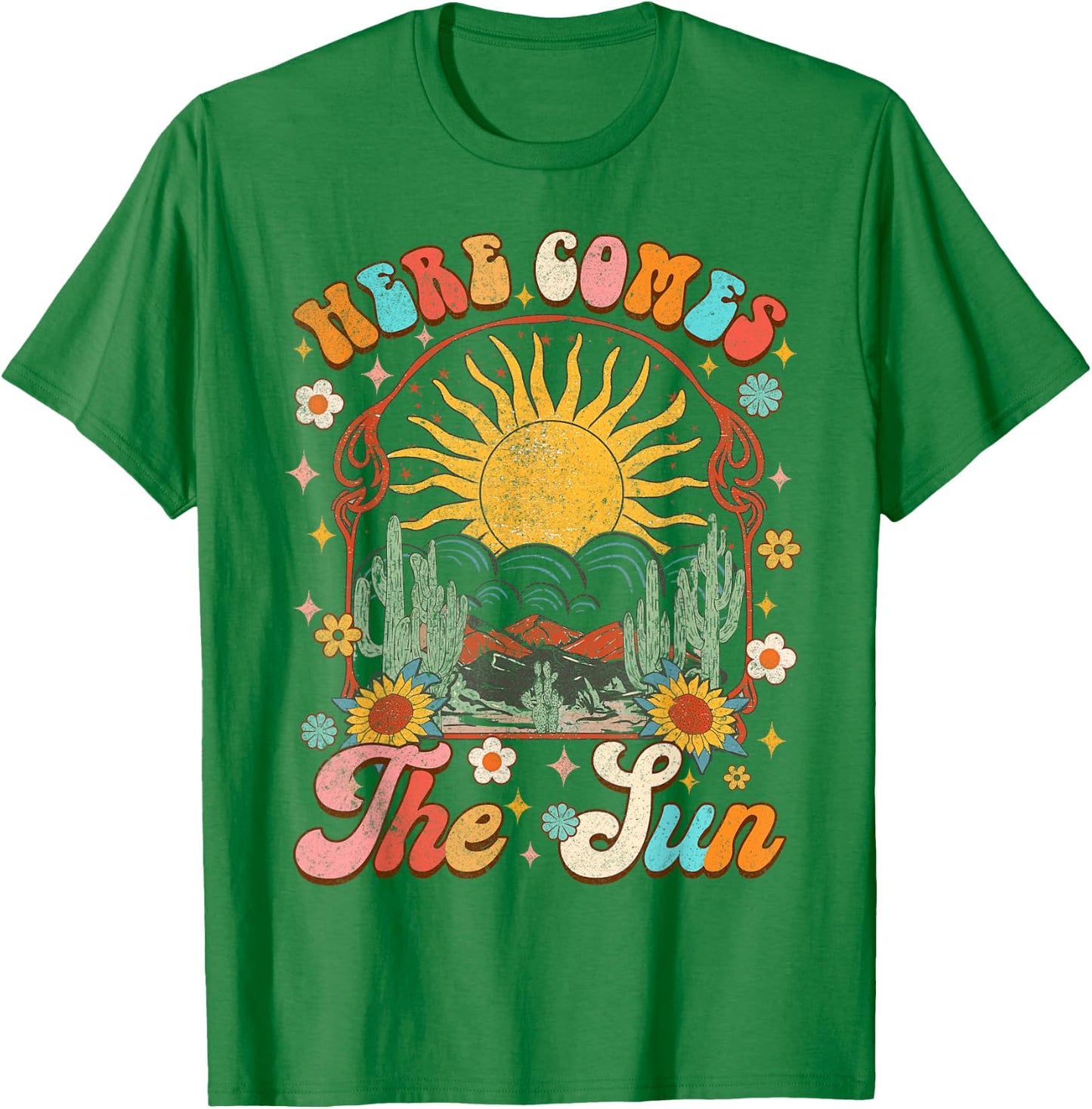 Here Comes The Sun Summer Vibes Summertime Vacation Groovy Women T-Shirt - T-Shirt | Irish Green
