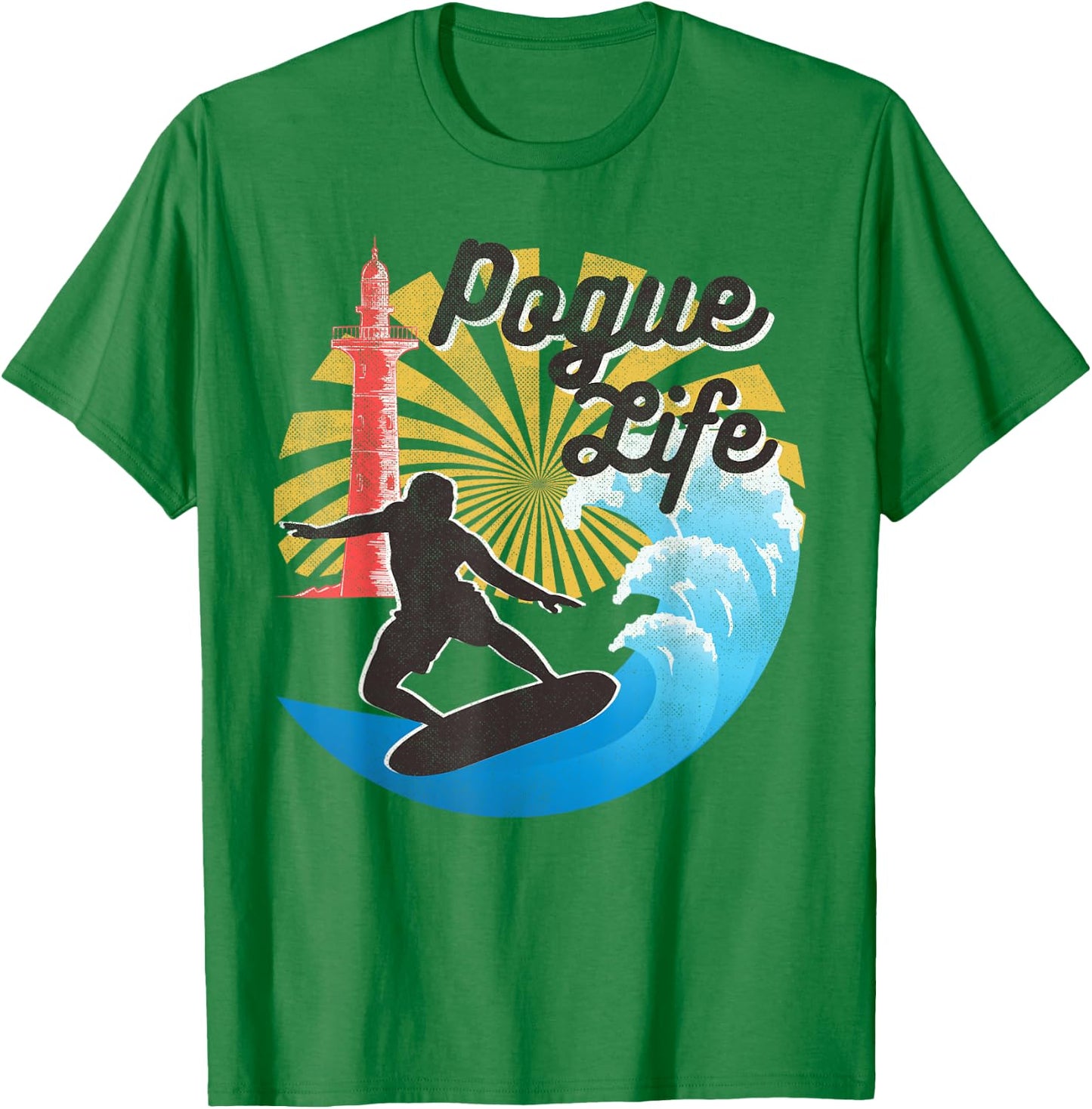Surfing Life Pogue Beach Van Light Houses Retro Distressed T-Shirt - T-Shirt | Irish Green