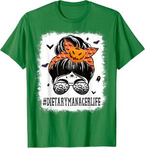Dietary Manager Messy Bun Spooky Pumpkin Halloween Costume T-Shirt - T-Shirt | Irish Green