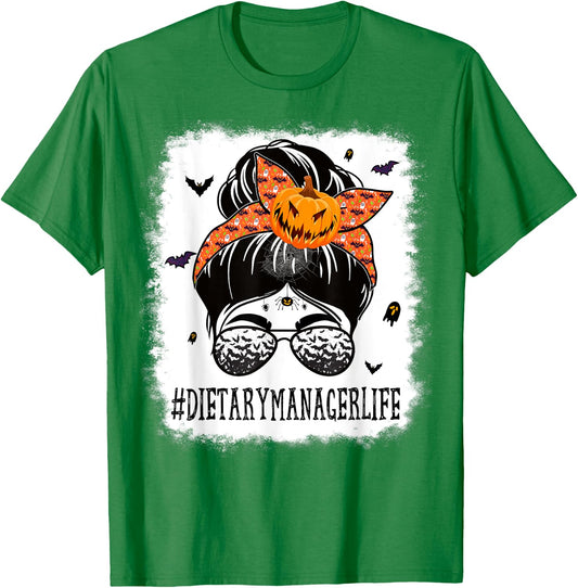 Dietary Manager Messy Bun Spooky Pumpkin Halloween Costume T-Shirt - T-Shirt | Irish Green