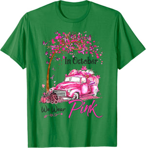 In October We Wear Pink Car Pumpkin Breast Cancer Halloween T-Shirt - T-Shirt | Irish Green