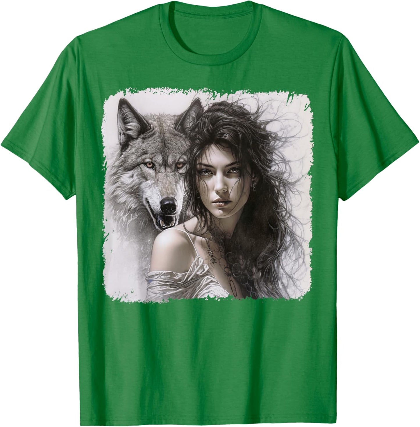 Woman with Gray Wolf Fantasy Art Painting T-Shirt - T-Shirt | Irish Green