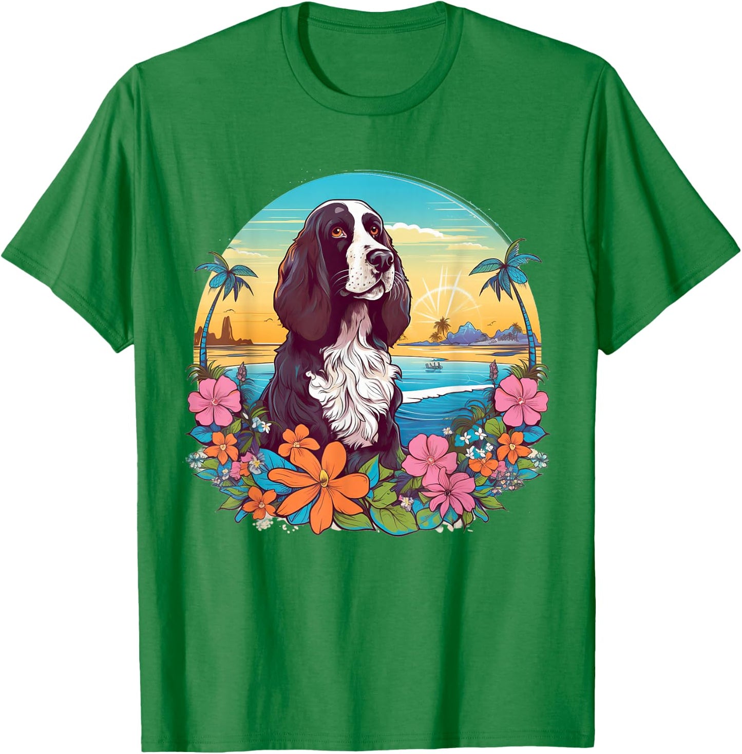Floral Beach Vacation English Springer Spaniel Dog T-Shirt - T-Shirt | Irish Green