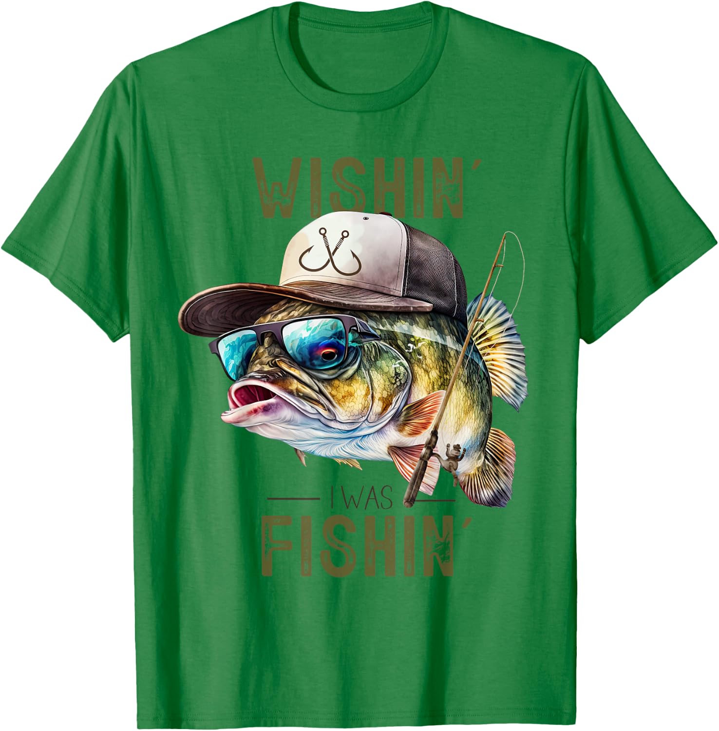 Wishing I was Fishing Large Mouth Bass Funny Fisherman Fish T-Shirt - T-Shirt | Irish Green