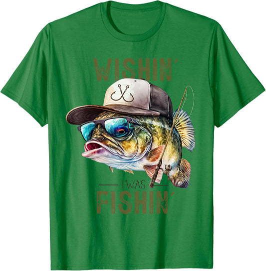 Wishing I was Fishing Large Mouth Bass Funny Fisherman Fish T-Shirt - T-Shirt | Irish Green