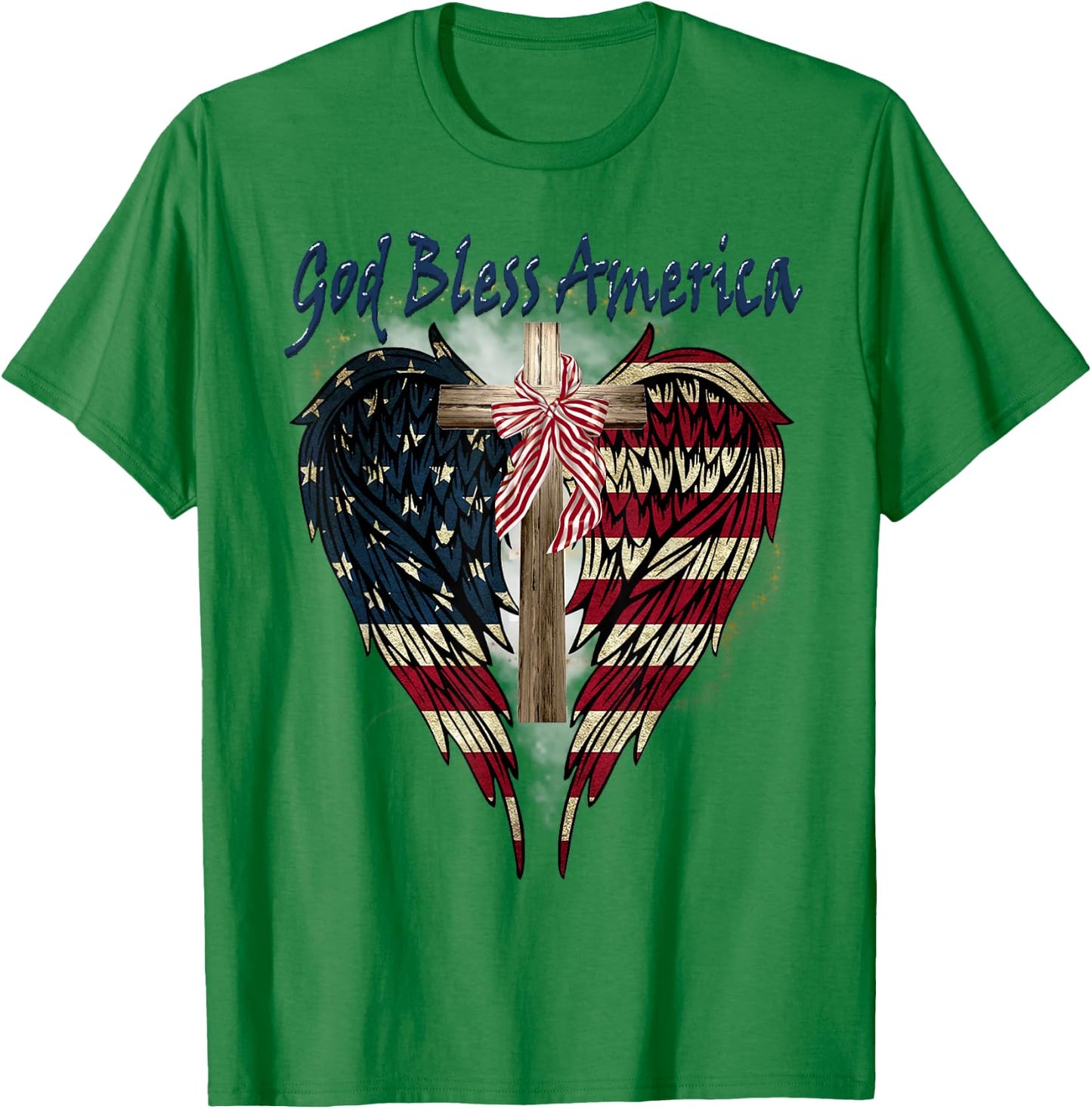 Patriotic American Flag Cross God Bless America 4th July T-Shirt - T-Shirt | Irish Green