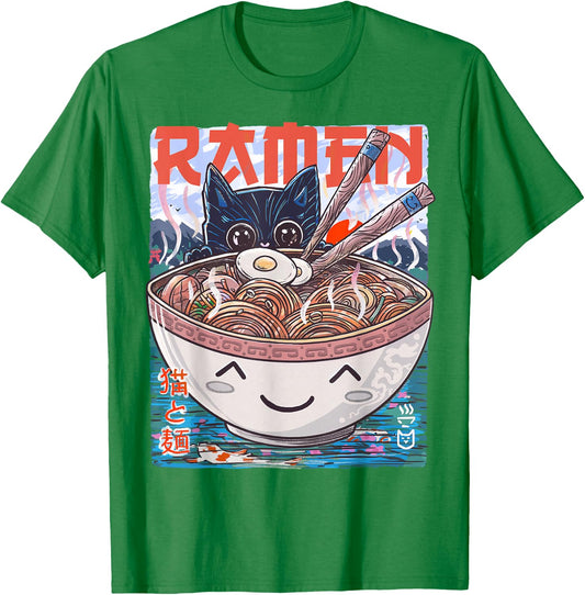 Ramen Noodles Anime Cat T-Shirt - T-Shirt | Irish Green
