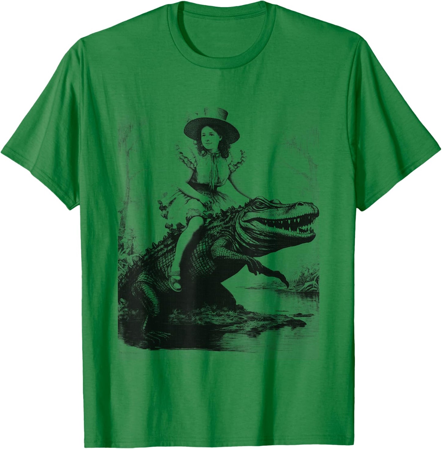 Girl Riding Alligator | Weird Funny Florida Crocodile Meme T-Shirt - T-Shirt | Irish Green