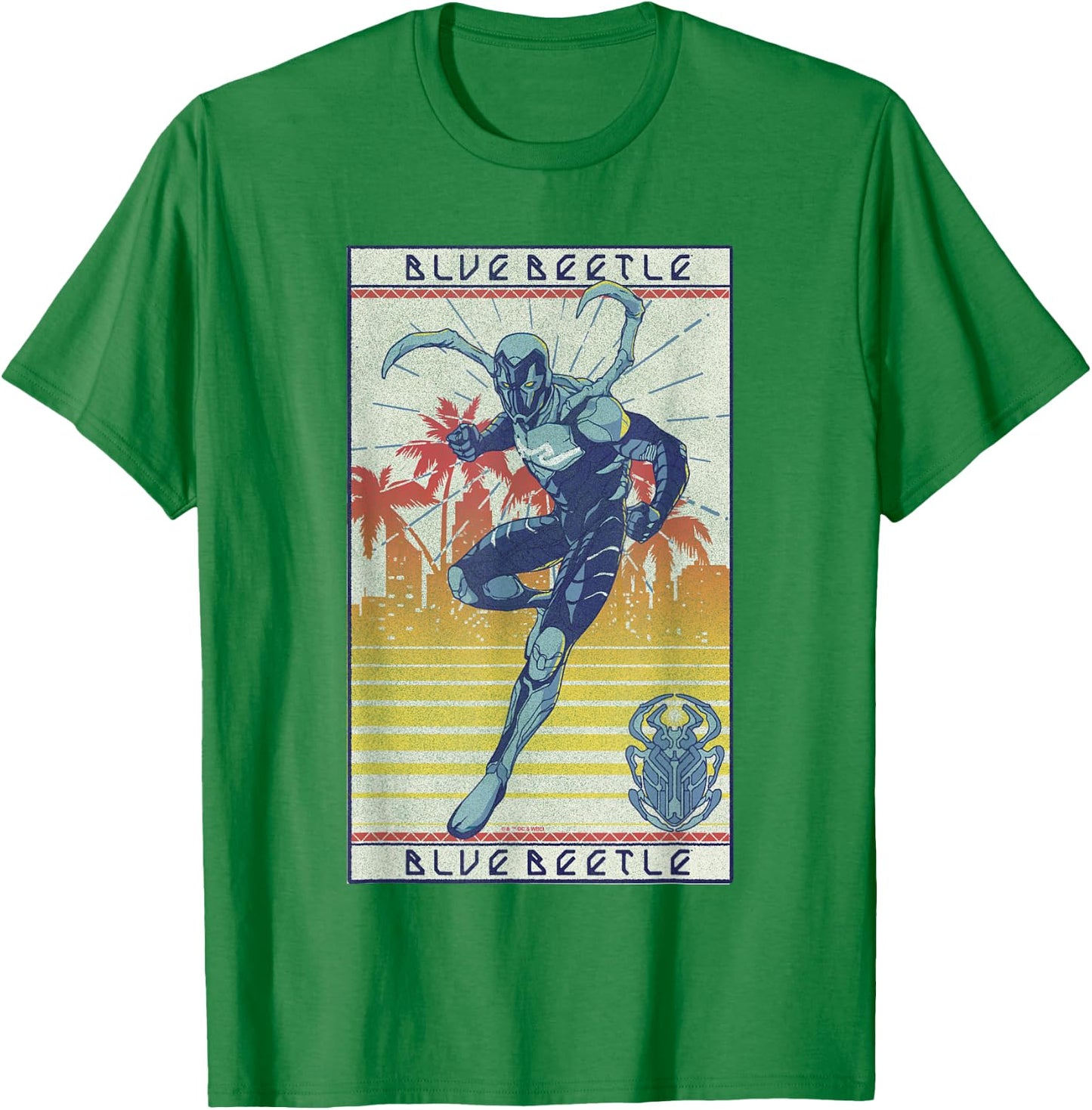 Blue Beetle Cool Pose Over Sunny City Vintage Portrait T-Shirt - T-Shirt | Irish Green