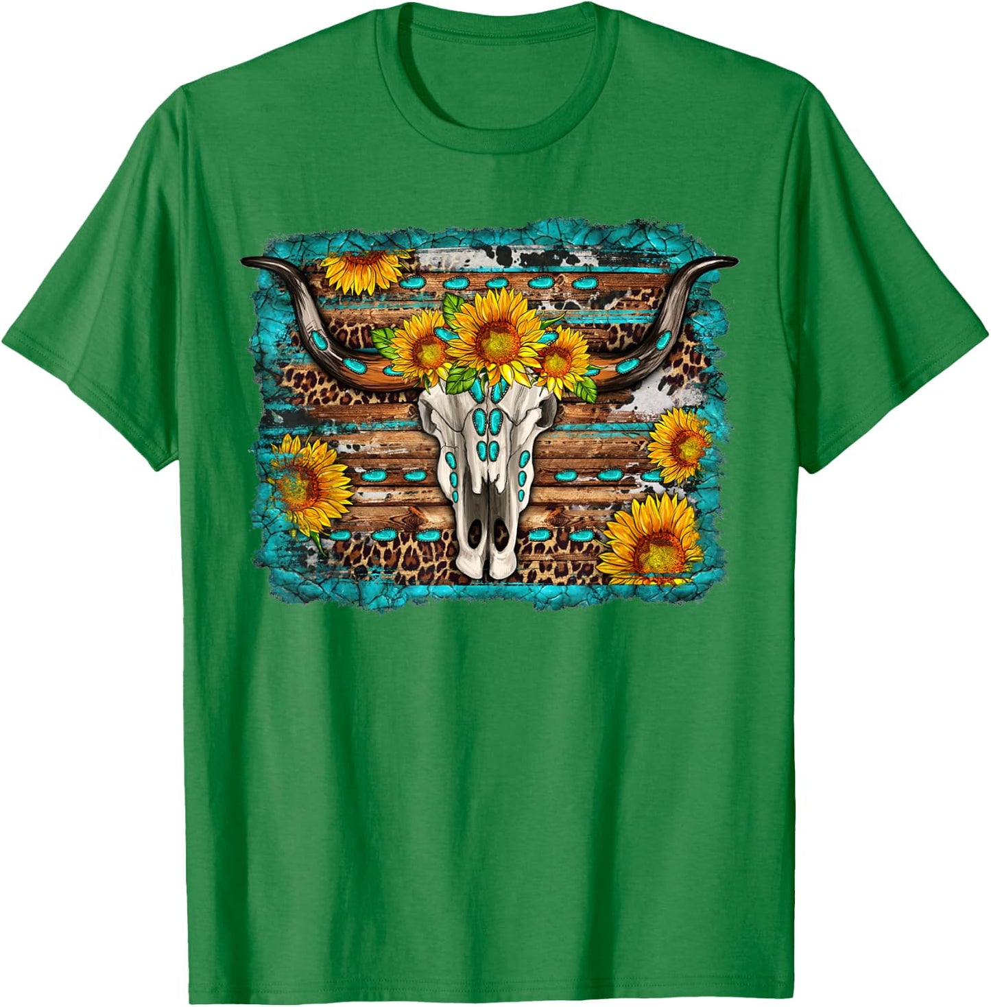 Longhorn Bull Skull Sunflower Turquoise Western Country T-Shirt - T-Shirt | Irish Green