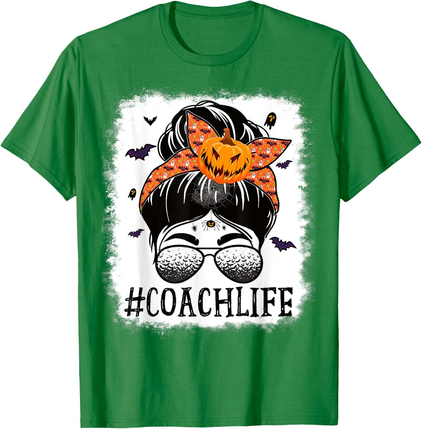 Coach Messy Bun Spooky Pumpkin Bat Orange Halloween Costume T-Shirt - T-Shirt | Irish Green