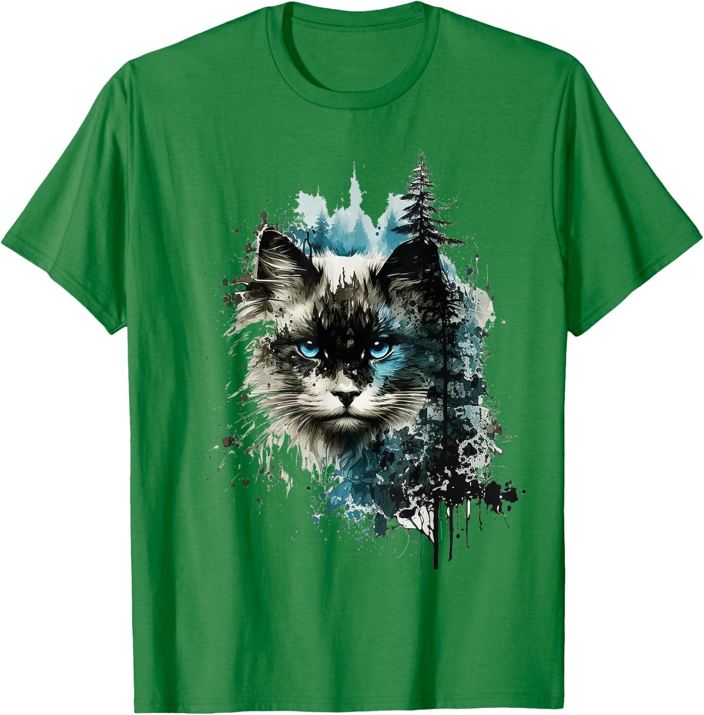 Cat Blue Eyes Cat Motif Art Forest Animal Cat T-Shirt - T-Shirt | Irish Green