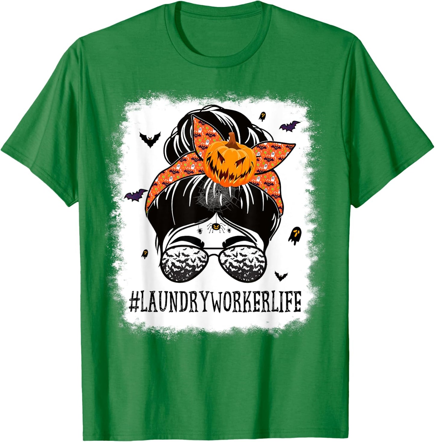 Laundry Worker Messy Bun Spooky Pumpkin Halloween Costume T-Shirt - T-Shirt | Irish Green