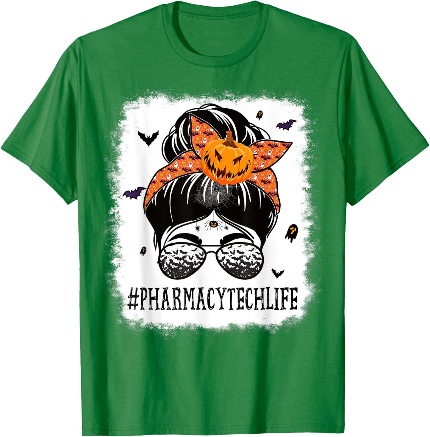 Pharmacy Tech Messy Bun Spooky Pumpkin Halloween Costume T-Shirt - T-Shirt | Irish Green