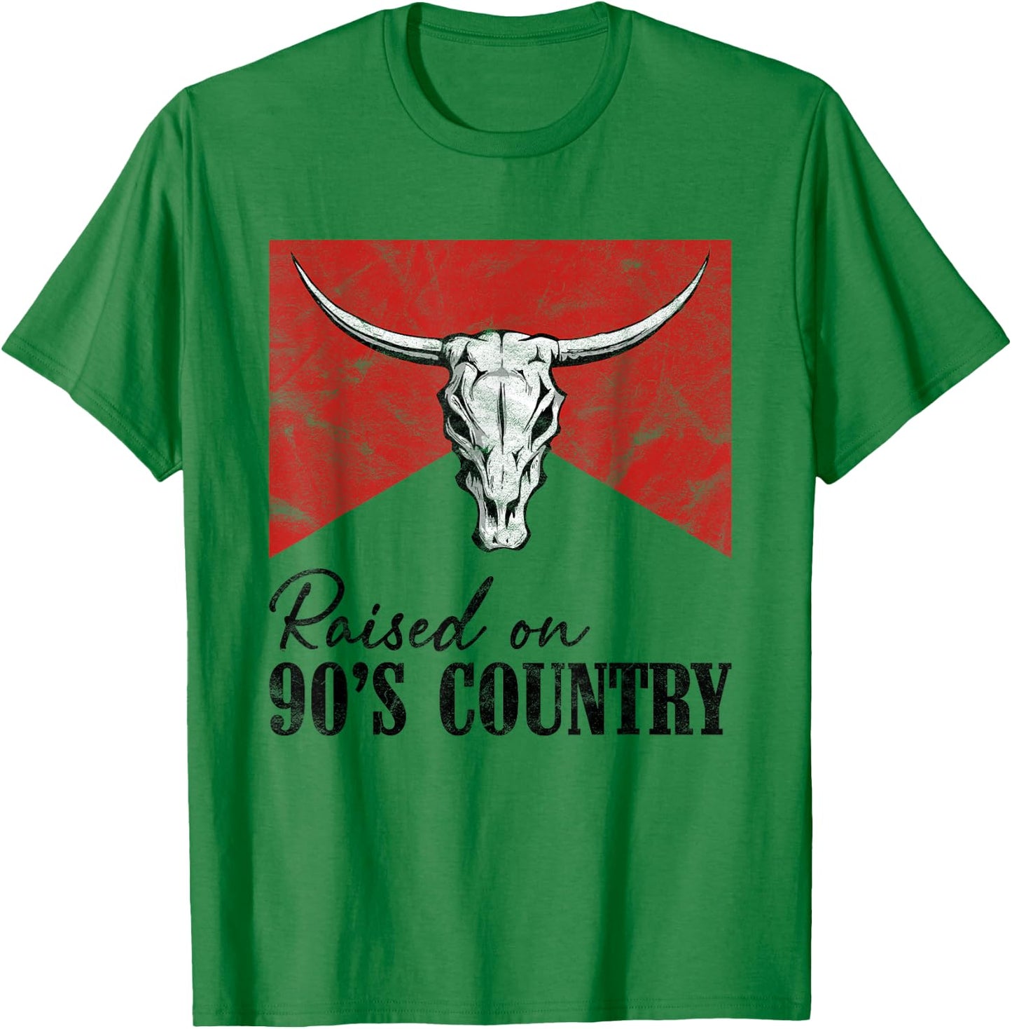 Vintage Western Bull Skull Raised On 90's Country Music T-Shirt - T-Shirt | Irish Green