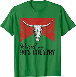 Vintage Western Bull Skull Raised On 90's Country Music T-Shirt - T-Shirt | Irish Green