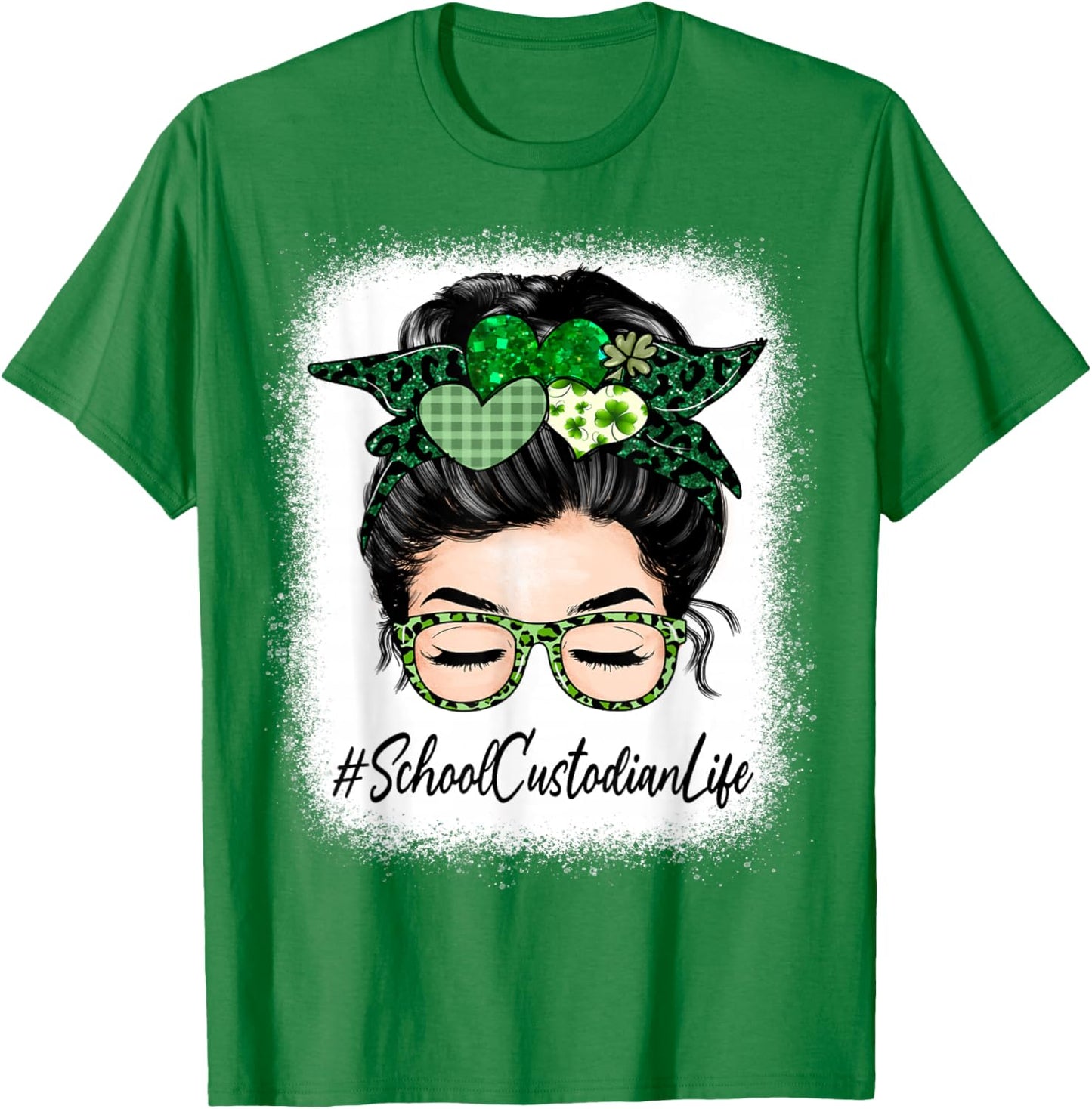 School Custodian Women Messy Bun St Patrick's Day Shamrock T-Shirt - T-Shirt | Irish Green
