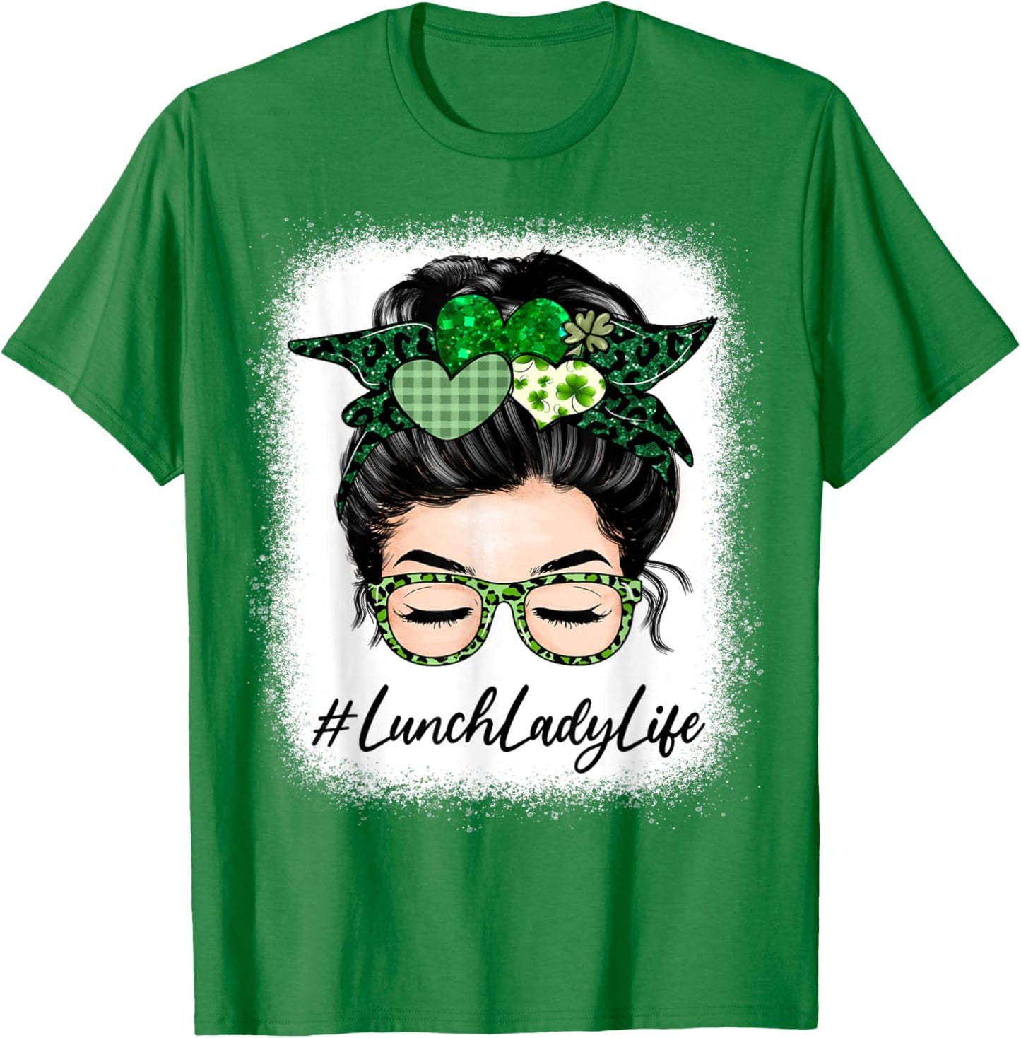 Lunch Lady Women Messy Bun St Patrick's Day Shamrock T-Shirt - T-Shirt | Irish Green