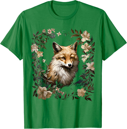 Cottagecore Aesthetic floral Fox inside flowers Goblincore T-Shirt - T-Shirt | Irish Green