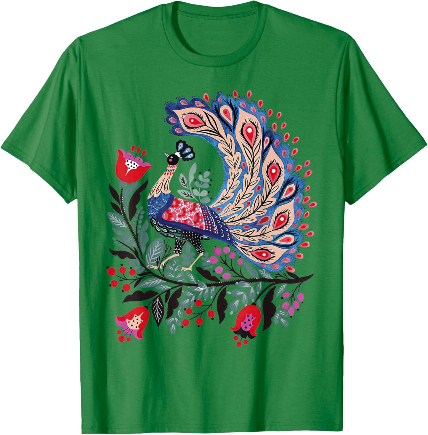 Mystical Botanical Bird Scandinavian Folk Art T-Shirt - T-Shirt | Irish Green