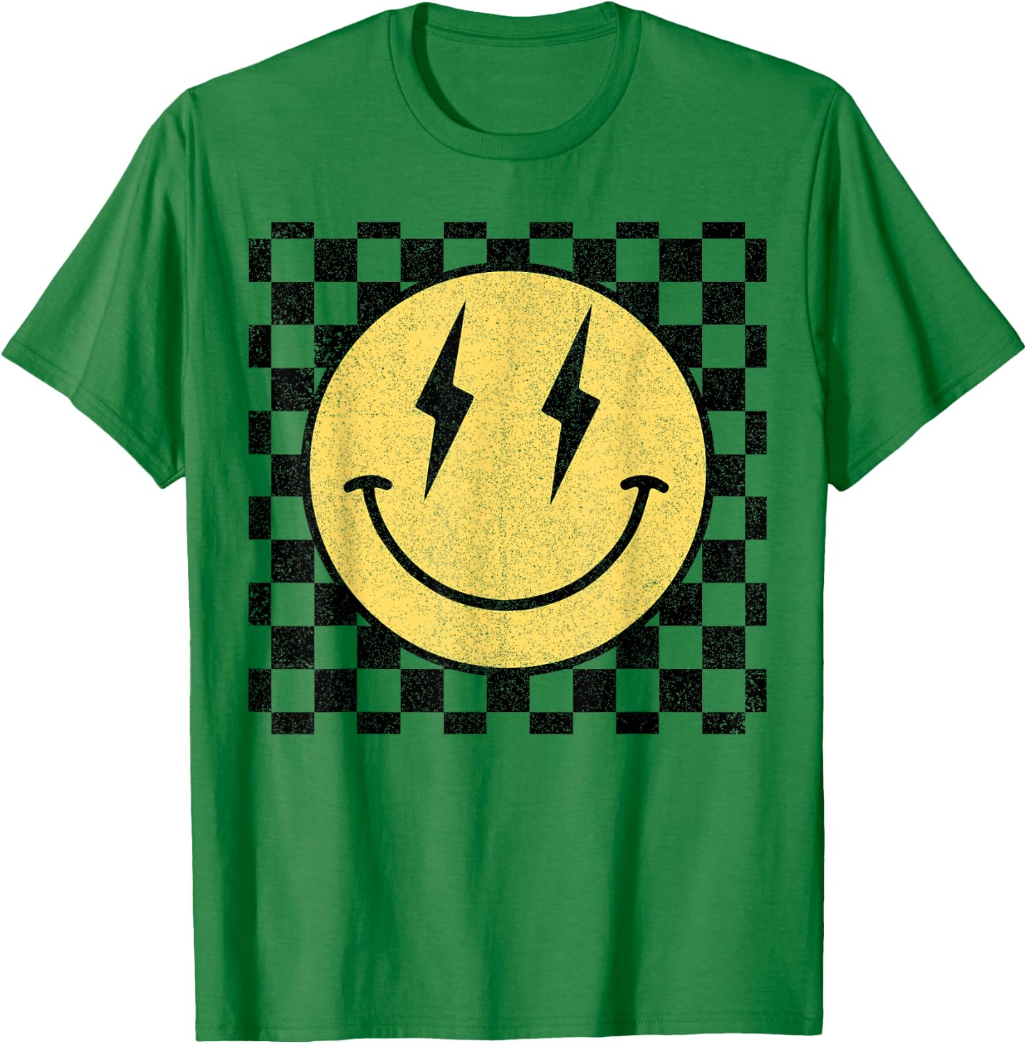 Retro Happy Face Shirt Checkered Pattern Smile Face Trendy T-Shirt - T-Shirt | Irish Green