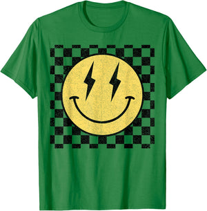 Retro Happy Face Shirt Checkered Pattern Smile Face Trendy T-Shirt - T-Shirt | Irish Green
