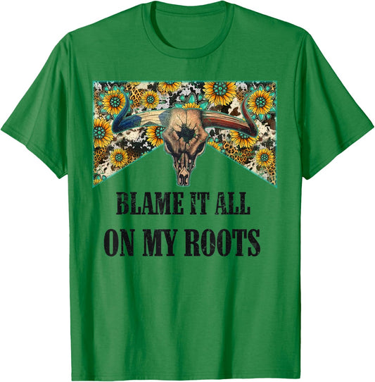Blame It All On My Roots Vintage Bull Skull Country Music T-Shirt - T-Shirt | Irish Green