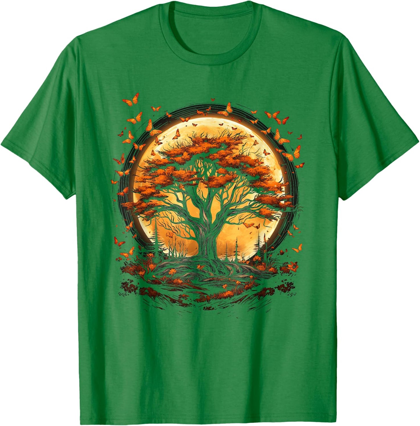 Fall Autumn falling leaves with Tree and Butterfly orange T-Shirt - T-Shirt | Irish Green