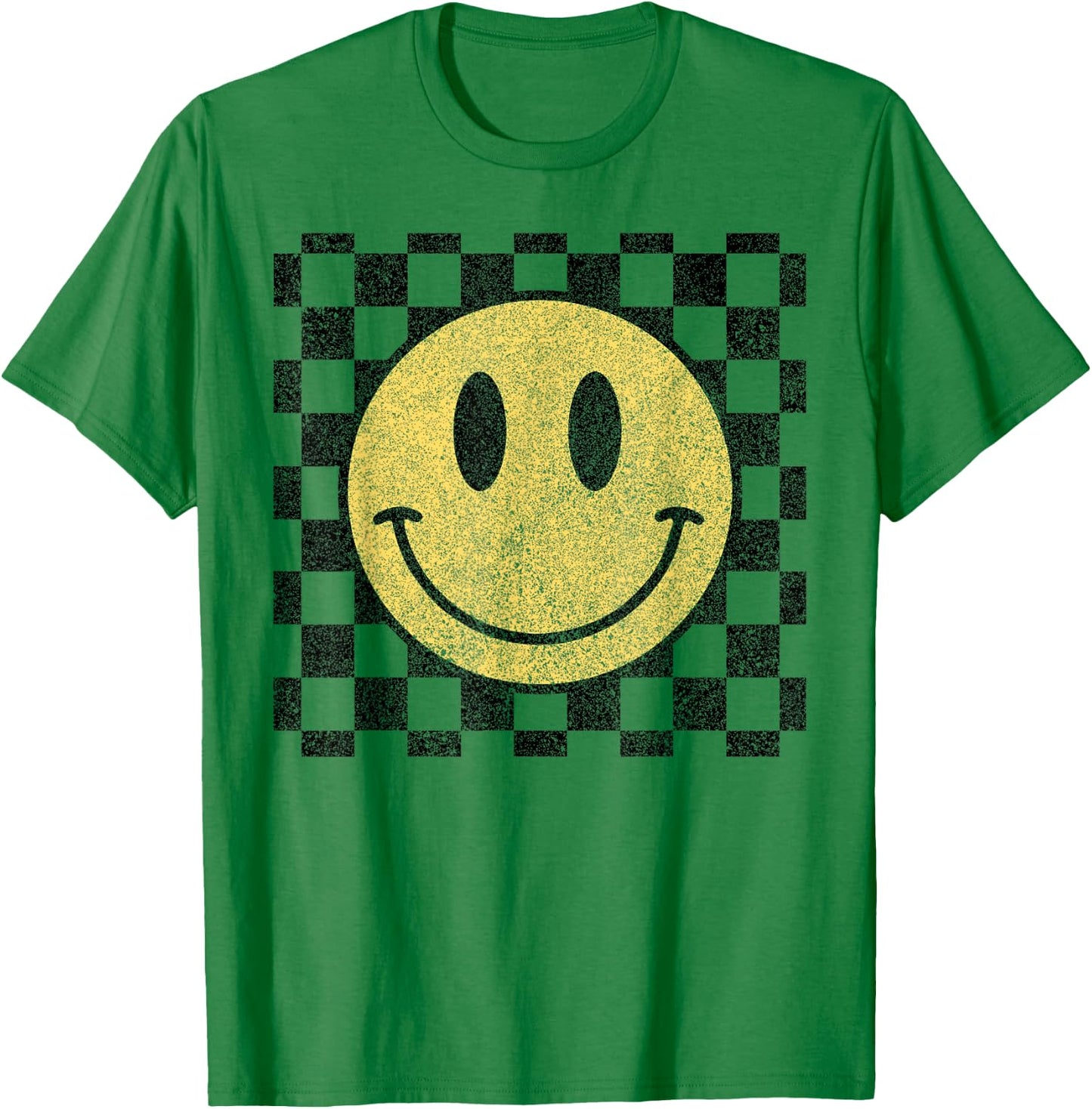 Retro Happy Face Checkered Pattern Smile Face Trendy T-Shirt - T-Shirt | Irish Green
