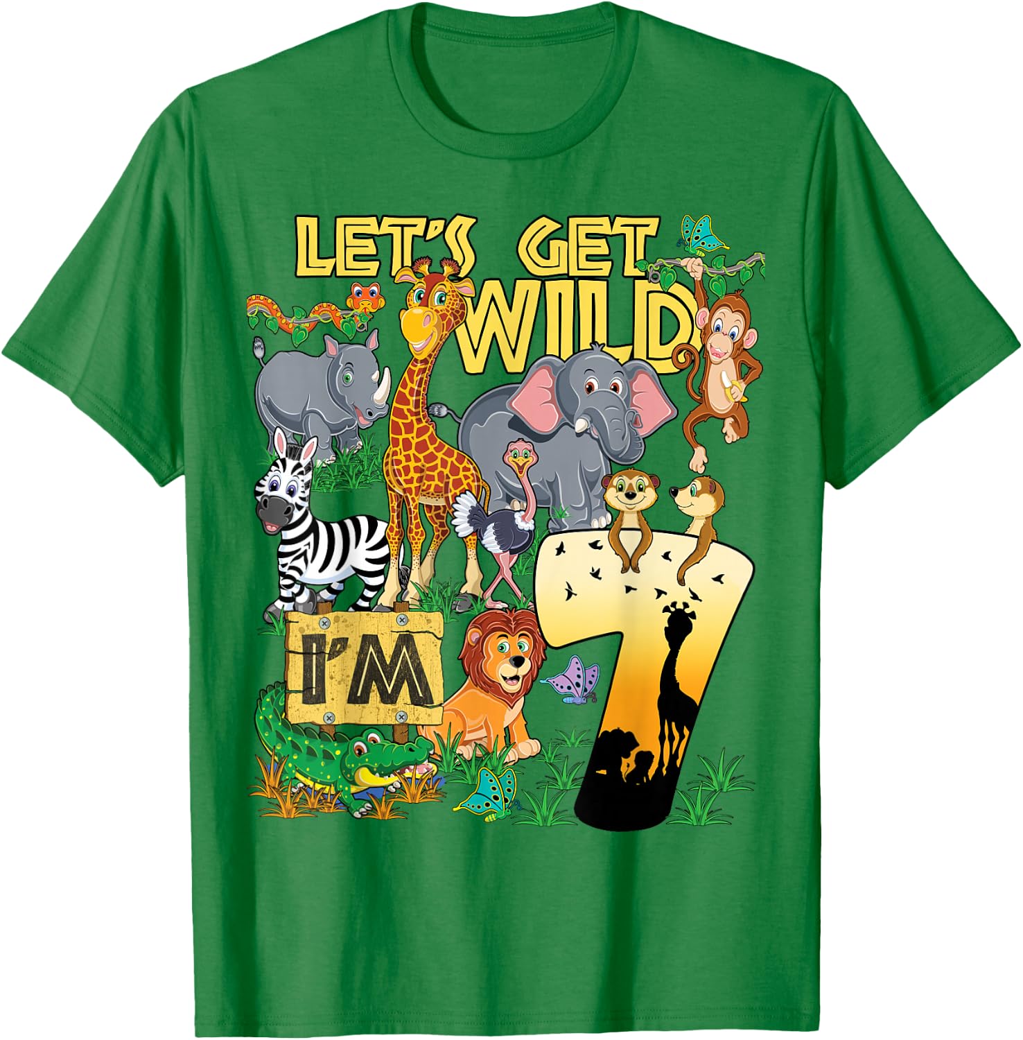 7 Year Old Zoo Safari Birthday Party Lets Get Wild I'm 7 T-Shirt - T-Shirt | Irish Green