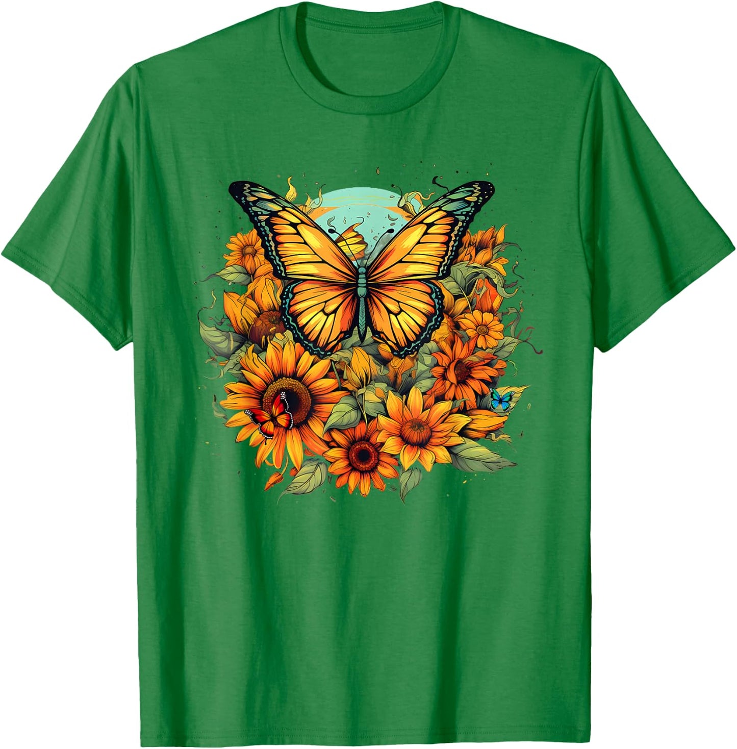 Sunflower Butterflies Design T-Shirt - T-Shirt | Irish Green