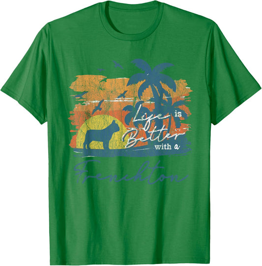 Frenchton Life is Better Vintage Sunset T-Shirt - T-Shirt | Irish Green