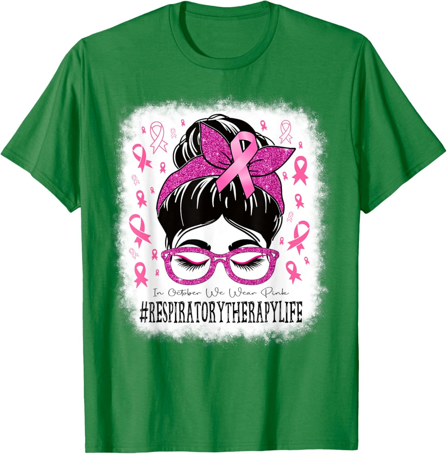 Respiratory Therapy Messy Bun Women Breast Cancer Awareness T-Shirt - T-Shirt | Irish Green