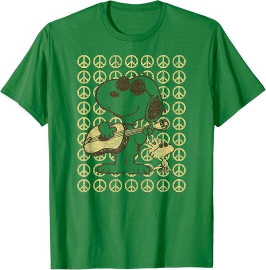 Peanuts - Snoopy Woodstock Guitar & Peace Signs T-Shirt - T-Shirt | Irish Green