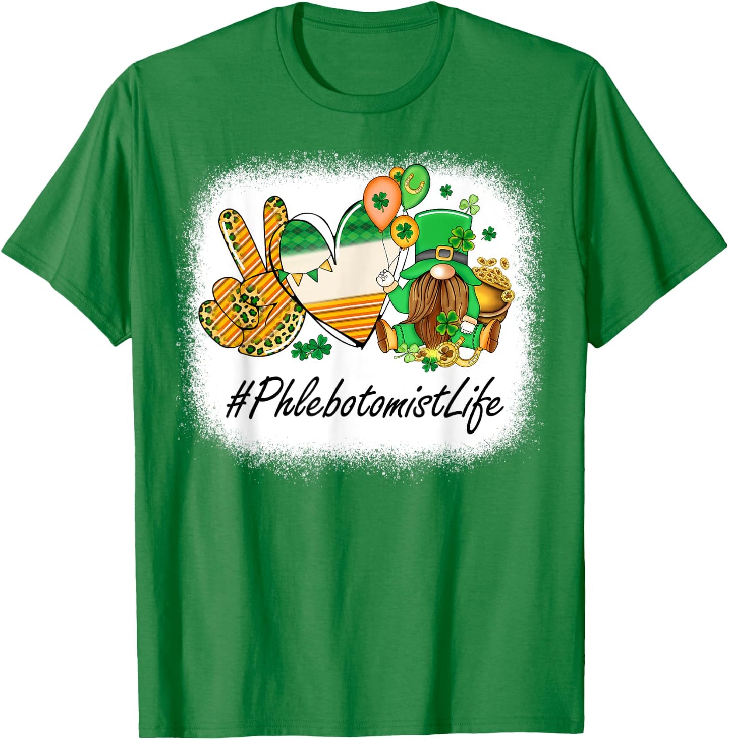 Phlebotomist Peace Love St Patricks Day Women Gnome T-Shirt - T-Shirt | Irish Green