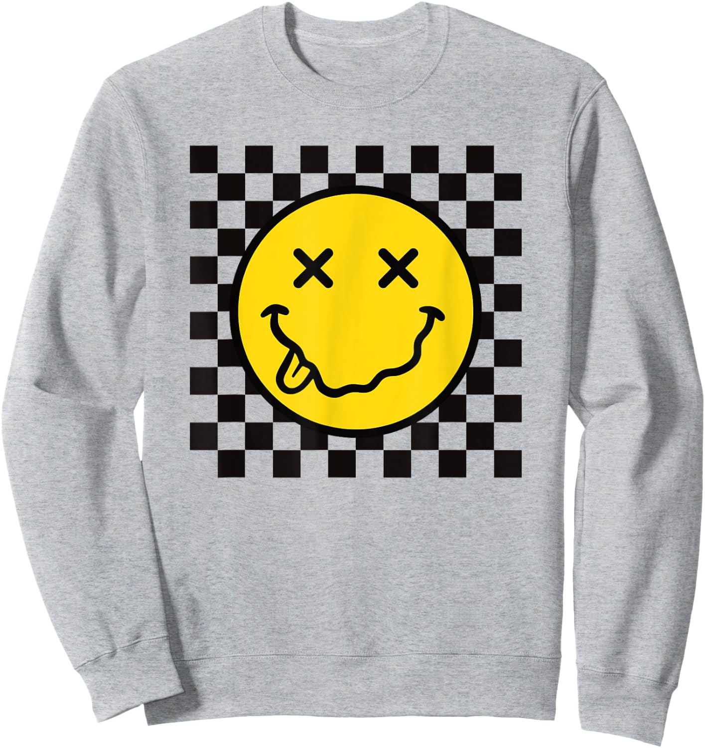 70s Yellow Smile Face Funny Tongue Out Checkered Happy Face Sweatshirt - Sweatshirt | Ash
