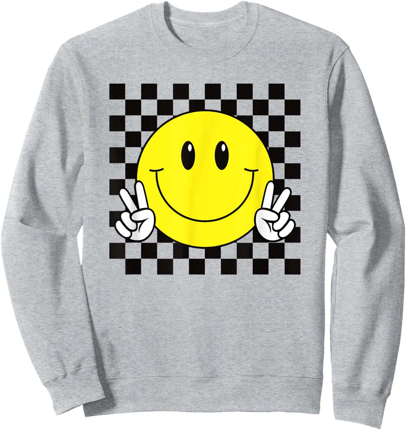 Yellow Smile Face Cute Checkered Peace Smiling Happy Face Sweatshirt - Sweatshirt | Ash