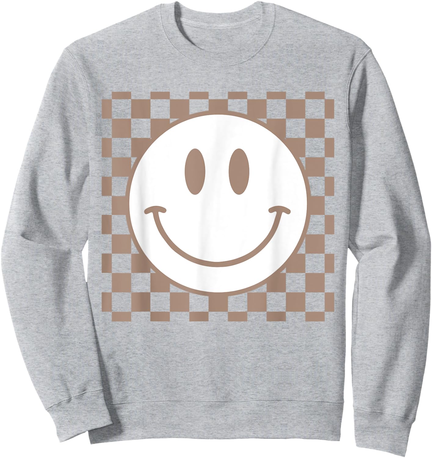 Retro Happy Face Checkered Pattern Smile Face Trendy Sweatshirt - Sweatshirt | Ash