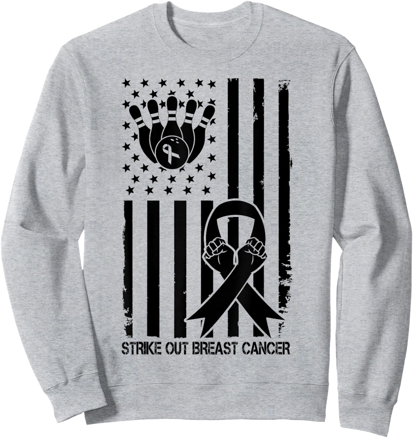 Strike Out Bowling Ribbon USA Flag Breast Cancer Awareness Kids Men Sweatshirt - Sweatshirt | Ash