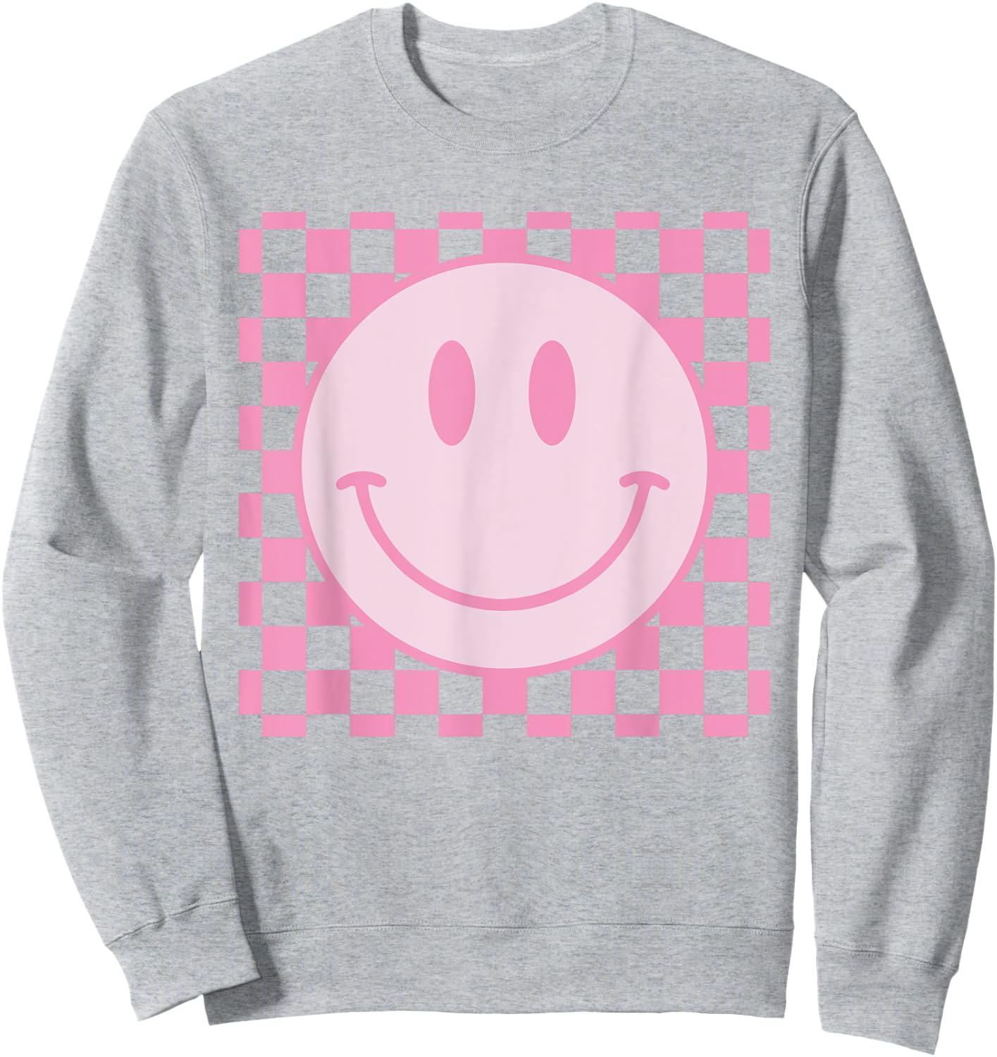 Retro Happy Face Shirt Checkered Pattern Smile Face Trendy Sweatshirt - Sweatshirt | Ash