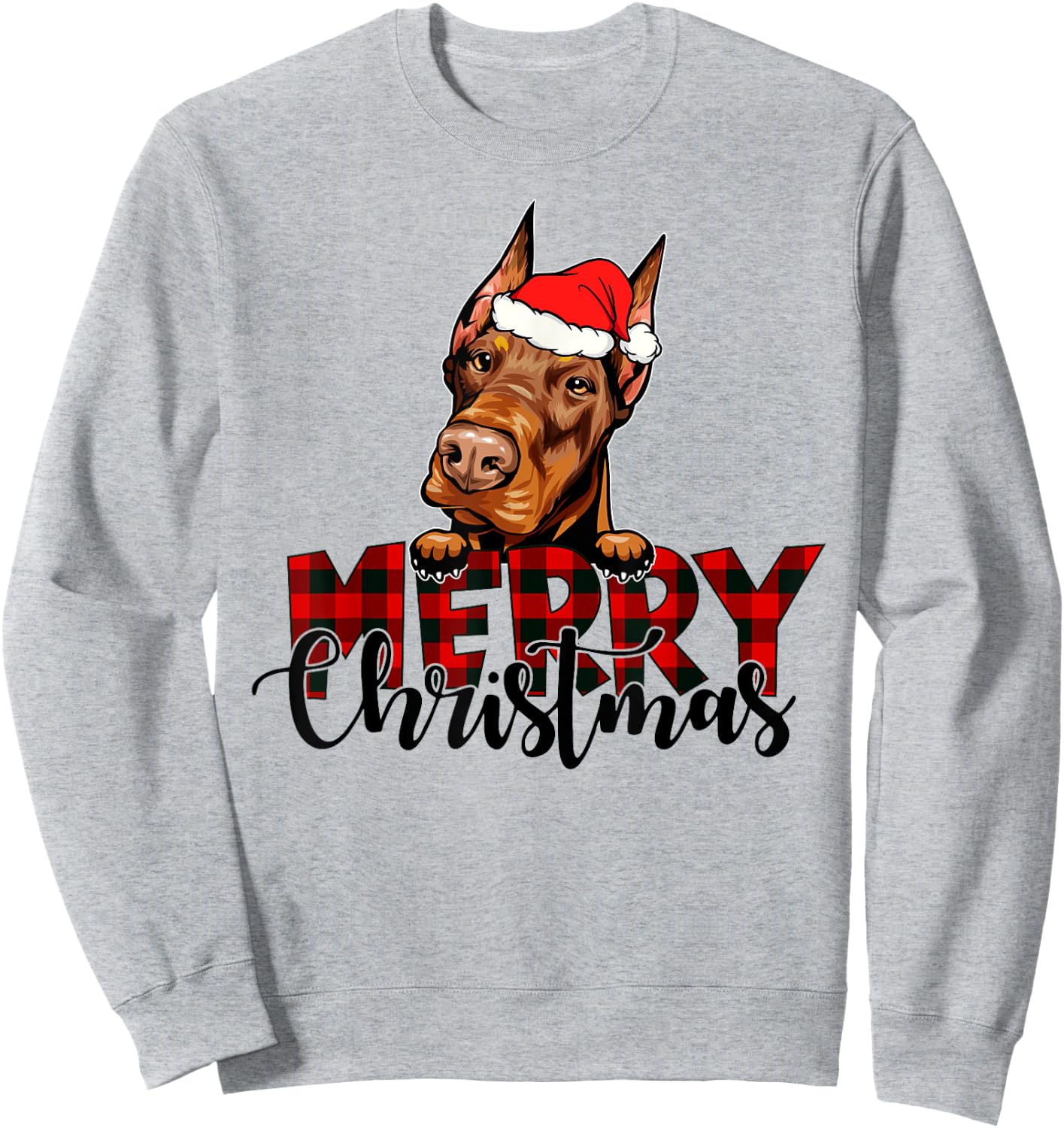 Merry Christmas Doberman Dog Christmas Red Plaid Santa Hat Sweatshirt - Sweatshirt | Ash