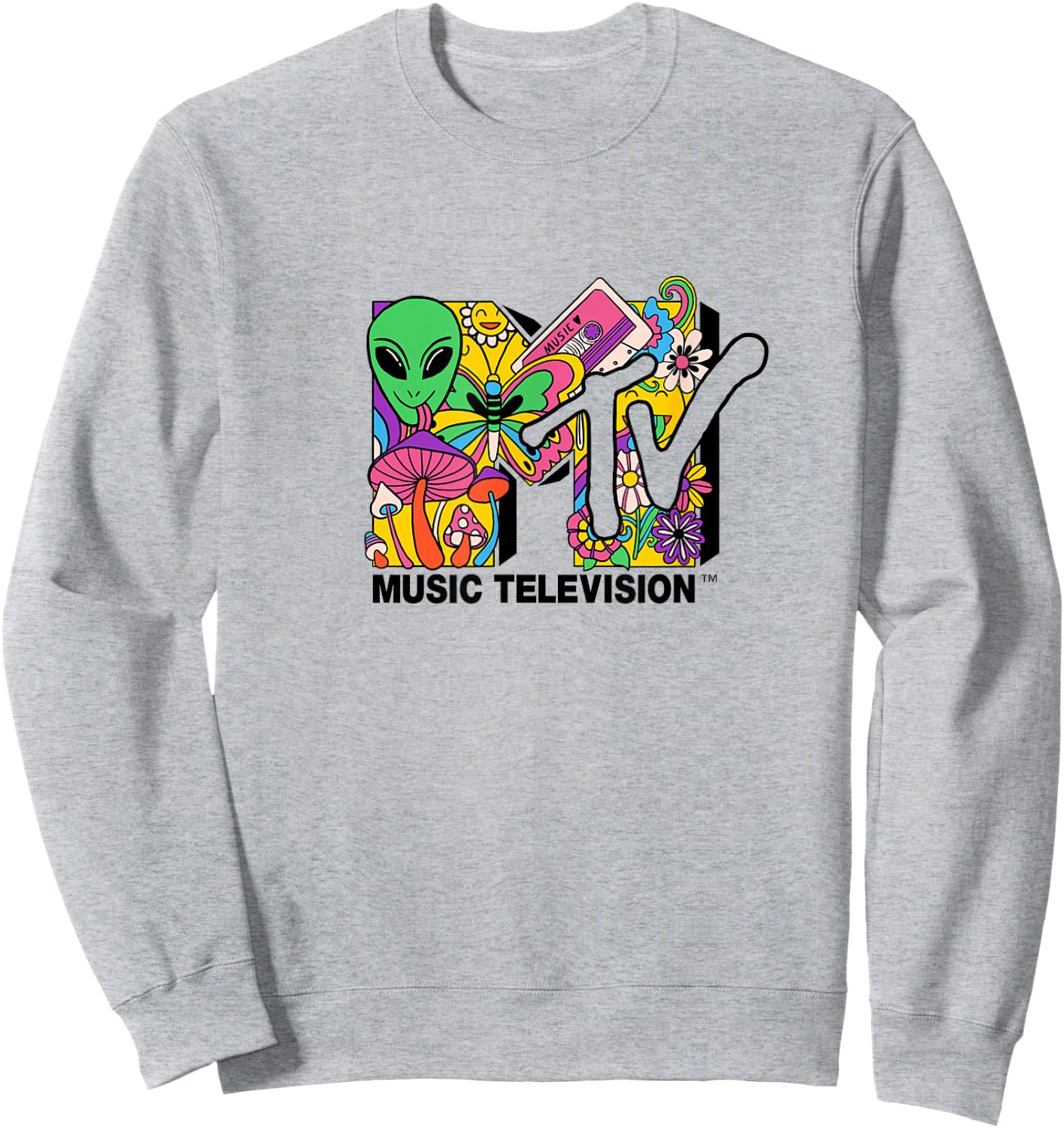 Mademark x MTV - The official MTV Logo with mushrooms aliens and flowers Sweatshirt - Sweatshirt | Ash
