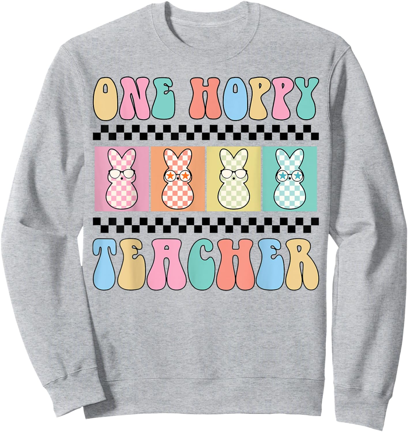 One Hoppy Teacher Bunny Easter Day Groovy Retro Boy Girl Sweatshirt - Sweatshirt | Ash