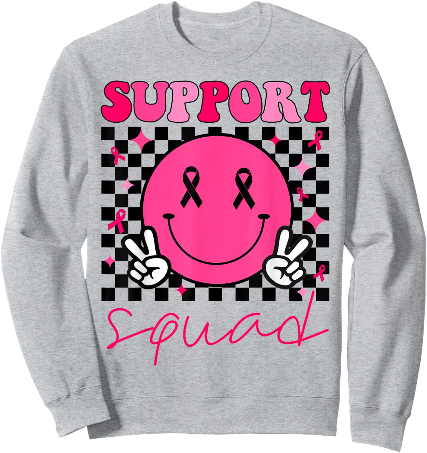 Groovy Breast Cancer Awareness Men Women Kids Support Squad Sweatshirt - Sweatshirt | Ash