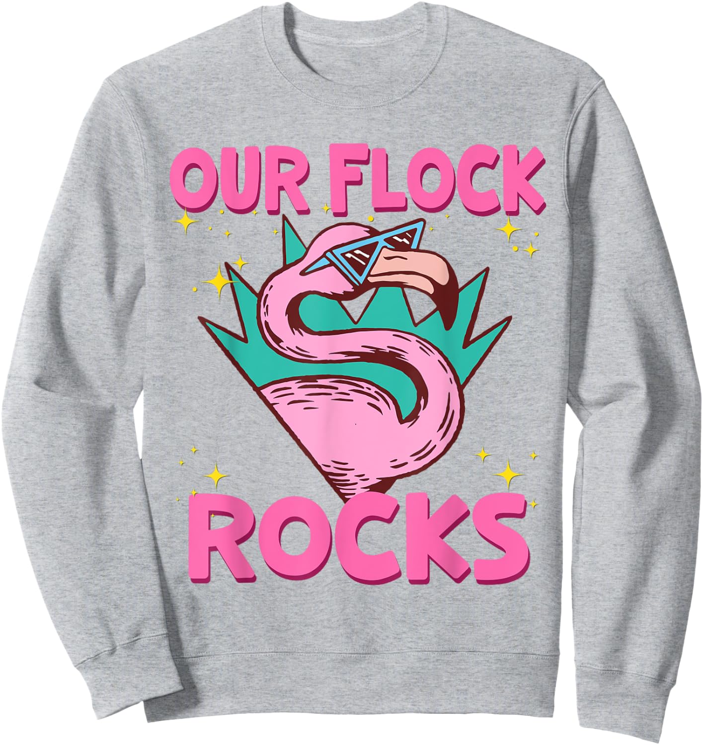 Our Flock Rocks Flamingo Matching Family Vacation Group Sweatshirt - Sweatshirt | Ash
