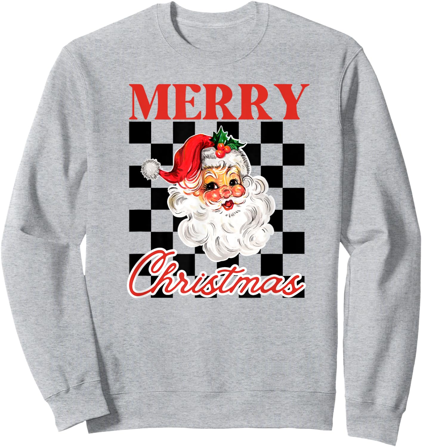 Retro Merry Christmas Checkered Vintage Santa Sweatshirt - Sweatshirt | Ash