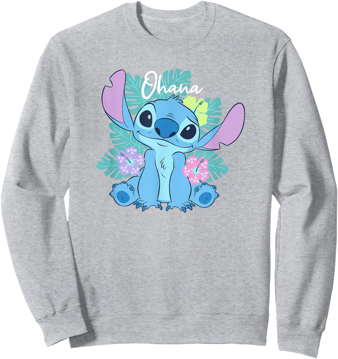 Disney Lilo & Stitch Ohana Adorable Pose Floral Logo Sweatshirt - Sweatshirt | Ash