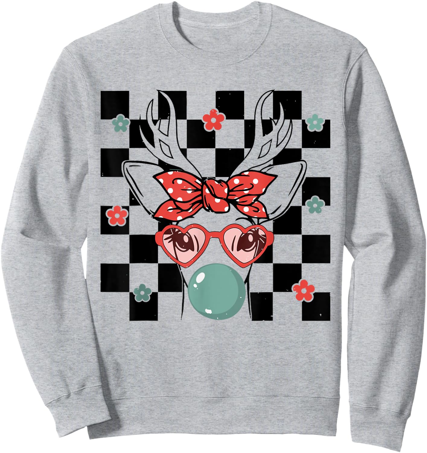 Cute Reindeer Wearing Glasses Bubblegum Checkered Christmas Sweatshirt - Sweatshirt | Ash